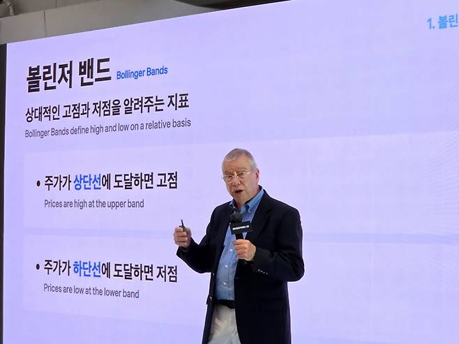 존 볼린저가 7일 서울 성동구 XYZ 서울에서 열린 '토스증권 인베스터스 2025'에서 '차트는 답을 알고 있다'를 주제로 강연하고 있다. /사진=배한님 기자