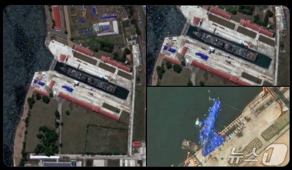 북한 나진항 도크에 정박한 신형 구축함의 모습이 찍힌 위성사진. 제이크 엡스타인(Jake Epstein)의 소셜네트워크서비스 계정 엑스(X) 갈무리.