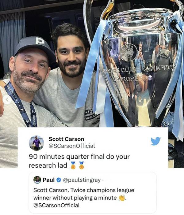 ◇스콧 카슨이 챔피언스리그에서 출전하지 않고 두 번 우승했다는 글에 반박한 동료 일카이 귄도안. 동료들의 사랑을 듬뿍 받았다.