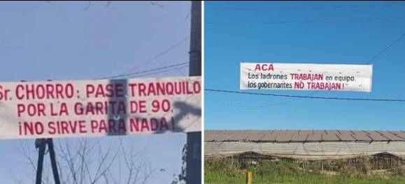 아르헨티나 부에노스아이레스주(州)의 주도 라플라타 외곽 지역 아라나 지역의 현수막. 현지 치안 불안을 비꼬는 내용들이다. 클라인 캡처