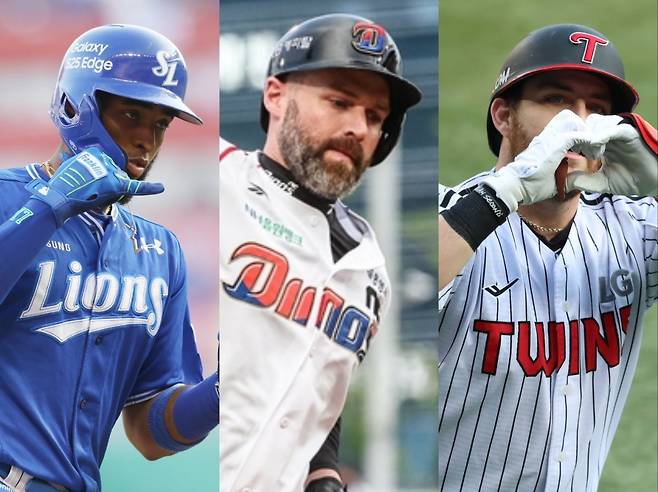 지난해 홈런왕 NC 맷 데이비슨(가운데)이 6월 들어 거포 능력을 되찾아 삼성 르윈 디아즈(왼쪽)와 LG 오스틴 딘이 앞서가고 있는 홈런 레이스에 본격 뛰어들었다. 이들의 경쟁은 지금부터가 진짜다. 사진제공|삼성 라이온즈·NC 다이노스·LG 트윈스