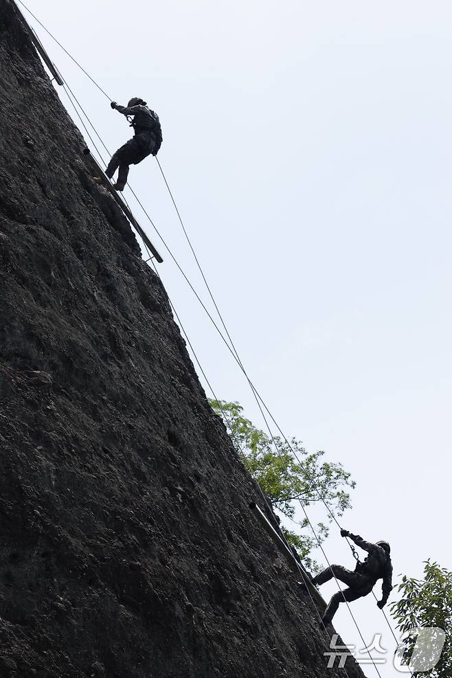 11일 국군간호사관학교 생도들이 전남 화순군 육군보병학교 동복유격훈련장에서 암벽 하강훈련으로 조심스럽게 내려오고 있다. 2025.6.11/뉴스1 ⓒ News1 김태성 기자