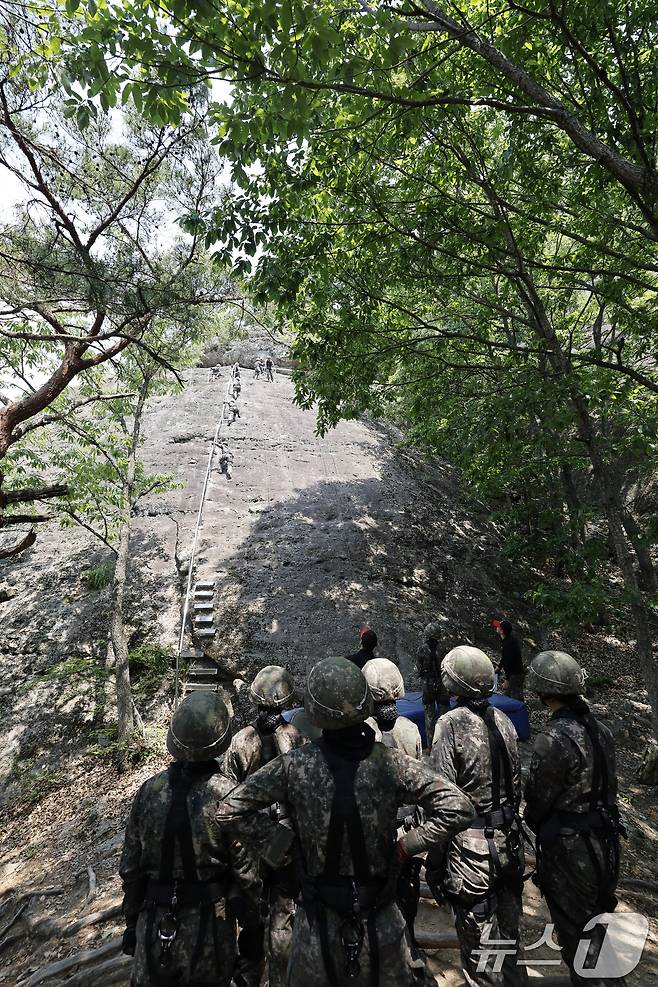 11일 국군간호사관학교 생도들이 전남 화순군 육군보병학교 동복유격훈련장에서 동료들의 암벽 하강을 지켜보며 응원하고 있다. 2025.6.11/뉴스1 ⓒ News1 김태성 기자