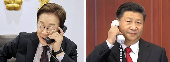 이재명 대통령이 10일 서울 용산 대통령실에서 시진핑(오른쪽 사진) 중국 국가주석과 전화 통화를 하고 있다. 시 주석 사진은 작년 11월 우주정거장에 머물던 중국인 우주비행사들과 통화하는 모습. /대통령실·중국CCTV