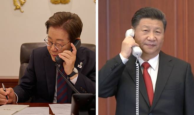 이재명 대통령이 10일 오전 서울 용산 대통령실 청사 집무실에서 시진핑 중국 국가주석(오른쪽 사진)과 통화하고 있다. 대통령실 제공·신화 뉴시스