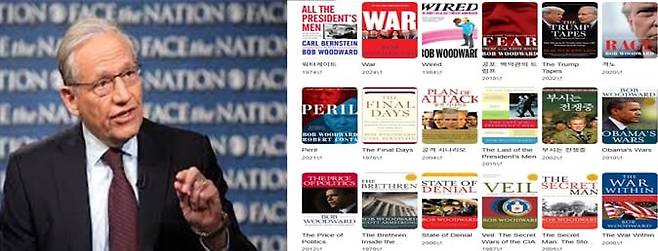 1943년 3월 생인 밥 우드워드 워싱턴포스트 대기자(사진 왼쪽)는 1974년부터 2024년까지 22권의 저서를 냈다. 이 가운데 15권이 베스트셀러로 공인받았다. 사진 오른쪽은 그가 쓴 주요 단행본 표지들/Wikipedia