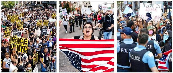 < LA 이민자 시위, 美 전역으로 확산 > 미국 전역에서 도널드 트럼프 행정부의 불법 이민자 단속을 규탄하는 반이민 시위가 확산하는 가운데 10일(현지시간) 뉴욕시에서 이민세관단속국(ICE) 급습에 반대하는 시위대가 뉴욕 경찰과 충돌하고 있다(왼쪽 사진). 이날 콜로라도주 덴버에선 시위대가 거리에 성조기를 들고나와 ICE에 반대하는 행진을 했다(가운데 사진). 일리노이주 시카고에서도 경찰이 이민자 권리 시위대와 대치하고 있다(오른쪽 사진). /UPI·AFP연합뉴스