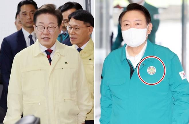 지난 5일 이재명 대통령이 서울 용산 대통령실 청사 국가안전보장회의(NSC) 회의실에서 열린 안전치안점검회의에 노란색 민방위복을 착용하고 입장하고 있다. 오른쪽은 윤석열 전 대통령이 무속 논란이 일었던 청록색 민방위복을 착용한 모습. 연합뉴스