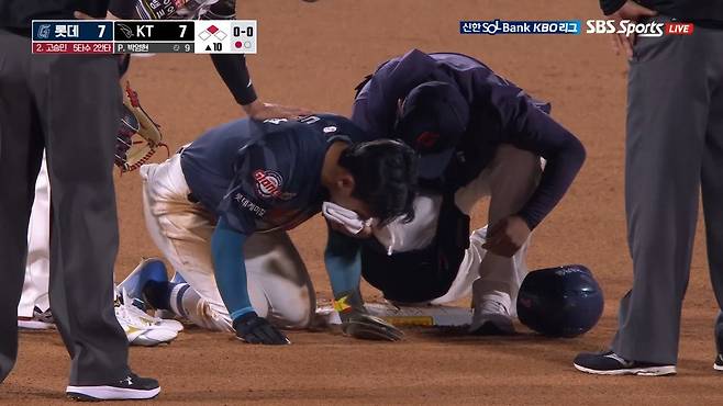 롯데 장두성이 12일 수원KT위즈파크에서 열린 KT와 원정경기 연장 10회초 견제구에 맞은 뒤 입에서 피를 내뱉고 병원으로 이송됐다. 롯데 구단 관계자는 “견제구에 맞은 게 출혈의 직접적 원인인지는 병원 검진을 통해 확인이 필요하다”고 말했다. 사진출처|SBS Sports 중계화면 캡처