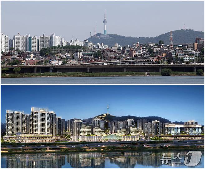 11일 서울 반포한강공원에서 바라본 한남뉴타운 한남5구역의 모습(위)과 아크로 한남 단지 투시도 (DL E&C 제공. 재판매 및 DB 금지)