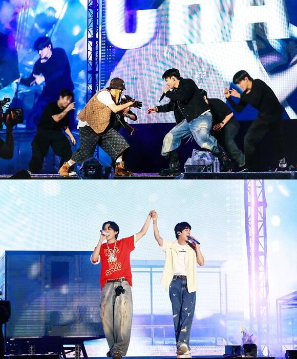 정국(위쪽 사진의 오른쪽)과 진은 제이홉과 함께 무대에 올라 아미들에게 잊을 수 없는 순간을 선물했다. /빅히트 뮤직
