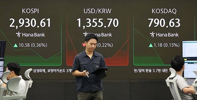 13일 서울 중구 하나은행 딜링룸 현황판에 코스피·코스닥 지수 등이 표시돼 있다. ⓒ뉴시스