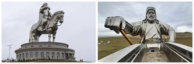 수도 울란바토르에 있는 징기스 칸의 초대형 기마상과 부속 박물관(왼쪽), 말의 머리 부분에 있는 전망대에서 징기스 칸을 정면으로 바라본 모습(오른쪽). 위키미디어 코먼스