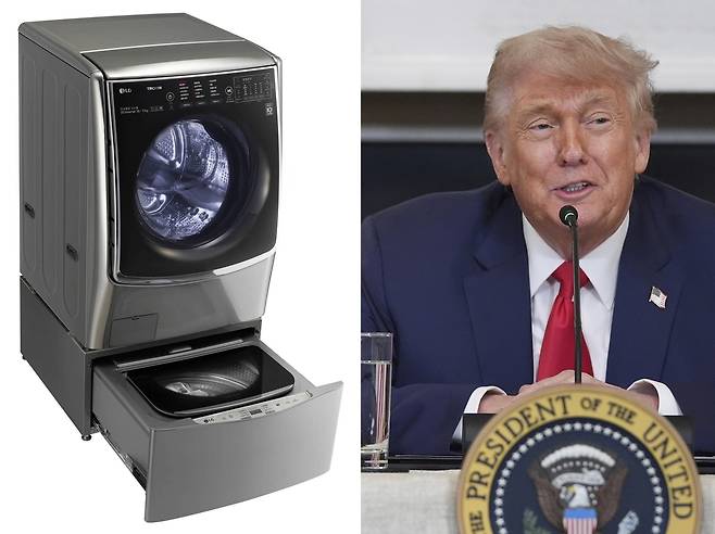 LG 전자의 트윈워시 세탁기(왼쪽, LG 전자 홈페이지 갈무리), 도널드 트럼프 대통령이 지난 9일 워싱턴 백악관에서 기업 리더들과 가진 ‘미국에 투자하라’ 라운드 테이블에서 연설하는 모습. (AP연합)