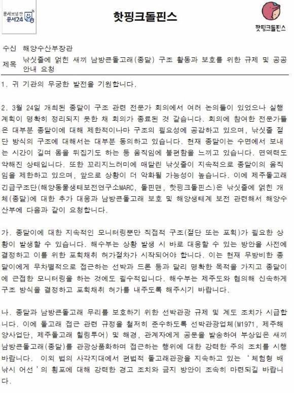 서울신문이 단독 입수한 핫핑크돌핀스가 해양수산부장관 앞으로 발송한 ‘낚싯줄에 얽힌 새끼 남방큰돌고래(종달) 구조 활동과 보호를 위한 규제 및 공공안내 요청’ 곰문의 내용. 핫핑크돌핀스 제공