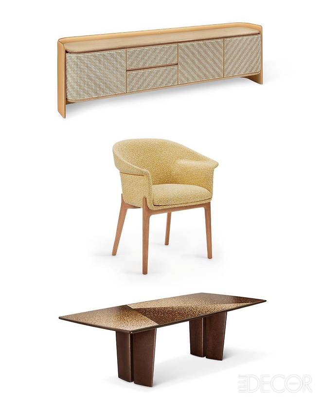 (위부터) 돛처럼 감싸는 가죽 커버가 특징인 ‘레가타’ 사이드보드, 황금빛 패드록 디테일을 더한 지퍼 등받이가 인상적인 ‘퍼펙토(Perfecto)’ 암체어, 퍼즐 조각처럼 장인의 손길로 하나하나 완성한 ‘퍼즐(Puzzle)’ 테이블.