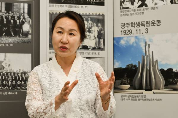 심옥주 (사)한국여성독립운동연구원장이 서울 여의도 광복회관에서 국제신문과 인터뷰를 하고 있다. 김정록 기자