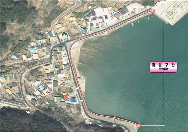 인천 옹진군 덕적도 북리 해안도로 차수벽 설치 과업 구간 위치도./인천시 제공