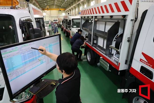 한서정공 작업자들이 삼성전자와 협업해 구축한 MES(제조실행시스템)와 흐름생산 공정 라인을 통해 생산된 차량을 점검하고 있다. 천안=윤동주 기자