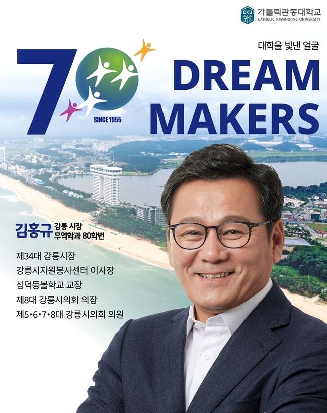 ▲ 개교 70주년을 맞아 추진되는 가톨릭관동대를 빚낸 자랑스러운 인물 소개 프로젝트 ‘드림 메이커스’ 첫번째 인물로 김홍규 강릉시장이 선정됐다.