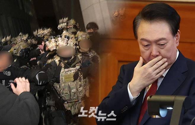 윤석열 전 대통령이 지난해 12월 3일 밤 비상계엄을 선포한 가운데 4일 새벽 계엄군이 서울 여의도 국회에서 경내로 진입하고 있다. 박종민 기자·사진공동취재단