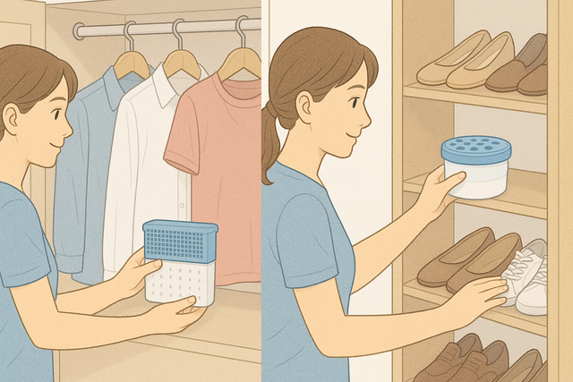 온라인 쇼핑몰이나 대형마트 등에서 구입할 수 있는 염화칼슘 제습제(습기 제거제)를 옷장, 신발장, 욕실 등 밀폐된 공간에 두면 습기를 흡수해 곰팡이와 냄새를 줄여준다. 사진은 기사의 특정 내용과 관련 없음. OpenAI DALL-E(ChatGPT 생성)