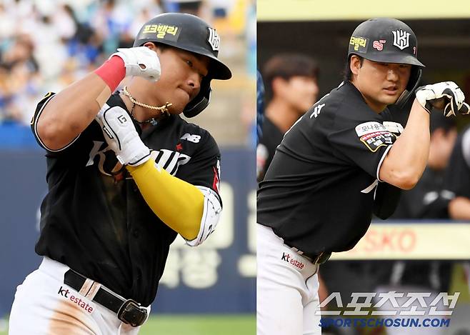 3대 측정 600kg 괴력의 근육맨 안현민이 투런포를 터뜨리자 홈에서 기다리고 있던 김상수까지 알통 세리머니에 동참했다.