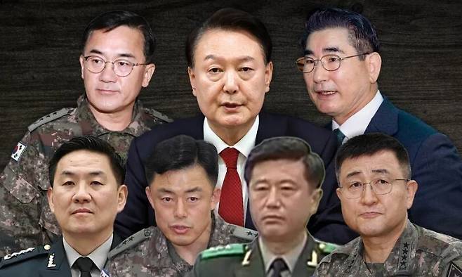 여인현 전 방첩사령관, 윤석열 전 대통령, 김용현 전 국방장관(위 왼쪽부터), 이진우 전 수방사령관, 문상호 전 정보사령관, 노상원 전 정보사령관, 박안수 육군참모총장(아래 왼쪽부터). 한겨레 자료사진