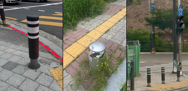 교통약자 이동편의 증진법 시행규칙 제9조를 이행하지 않은 채 설치된 볼라드들. 시각장애인 편의 시설인 볼라드 전면에 설치되어야 하는 점자 블록은 설치되어 있지 않다. / 사진=강윤지 인턴기자