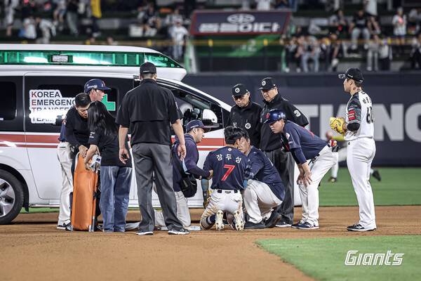 장두성의 부상 장면. ⓒ롯데 자이언츠