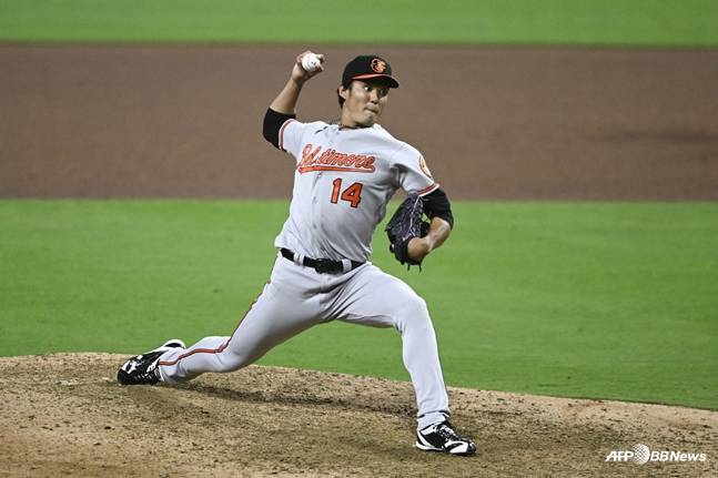 볼티모어 불펜에서 뛰던 후지나미. /AFPBBNews=뉴스1