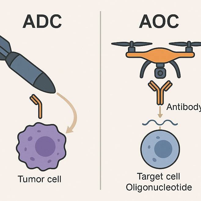 AOC는 항체(antibody)에 RNA 치료제(올리고뉴클레오타이드)를 붙여 목표하는 특정 세포에 들어가 유전자의 발현을 조절하는 기술이다. /일러스트=챗GPT