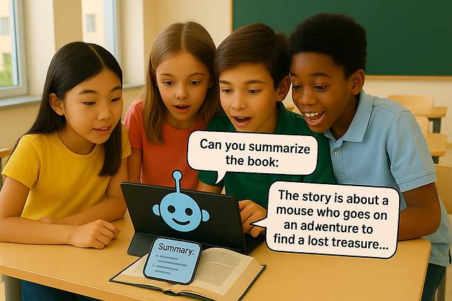 생성형 인공지능(AI) ‘퍼플렉시티’ 프로 버전에 “교실에서 초등학생들이 생성형 AI가 탑재된 태블릿을 통해 책 내용을 요약해달라고 요청하는 이미지’를 그려달라”고 지시어를 입력해서 생성한 이미지.