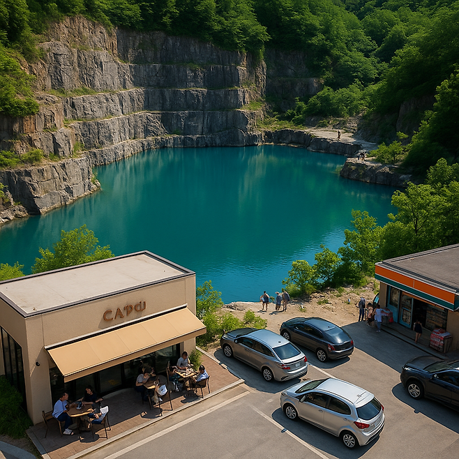 대구 달성군 가창면의 '비밀 호수'로 불리는 폐채석장 일대의 상권 반응을 시각화한 이미지. 맑고 푸른 호수를 배경으로, 주변에는 외지 차량과 카페·편의점에 머무는 방문객들의 모습이 보인다. 본 이미지는 실제 현장을 기반으로 한 구성 시각화 예시로, 실제 장소 및 건물과는 다르다.<영남일보 AI 제작>