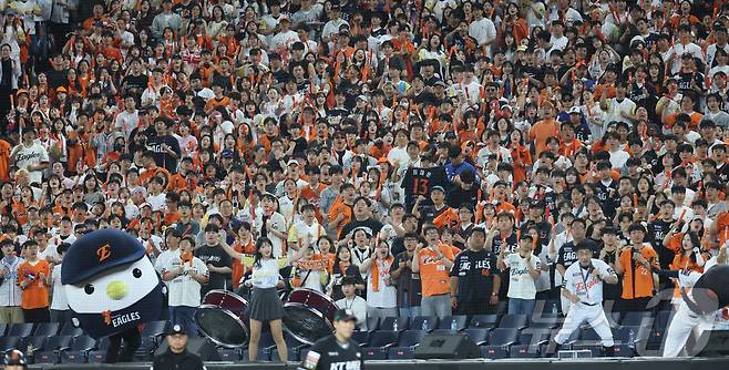 5일 대전 한화생명볼파크에서 열린 '2025 신한 SOL 뱅크 KBO리그' 프로야구 한화이글스 대 KT위즈 경기에서 한화 응원단이 열띤 응원을 펼치고 있다. (자료사진) 2025.6.5/뉴스1 ⓒ News1