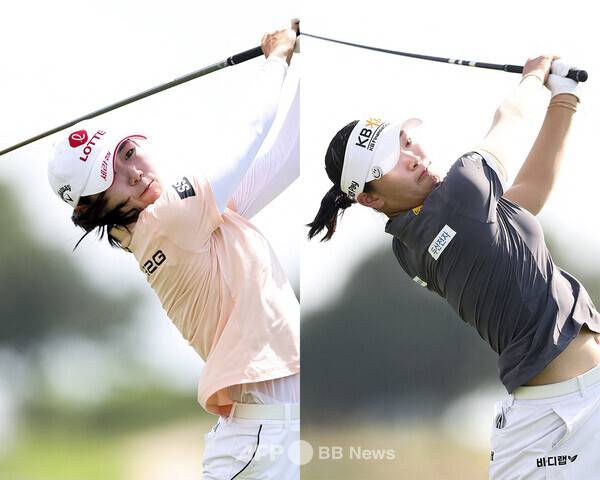 2025년 미국여자프로골프(LPGA) 투어 메이저 골프대회 KPMG 위민스 PGA챔피언십에 출전한 한국여자프로골프(KLPGA) 투어 장타자 황유민, 방신실 프로가 1라운드에서 경기하는 모습이다. 사진제공=ⓒAFPBBNews = News1