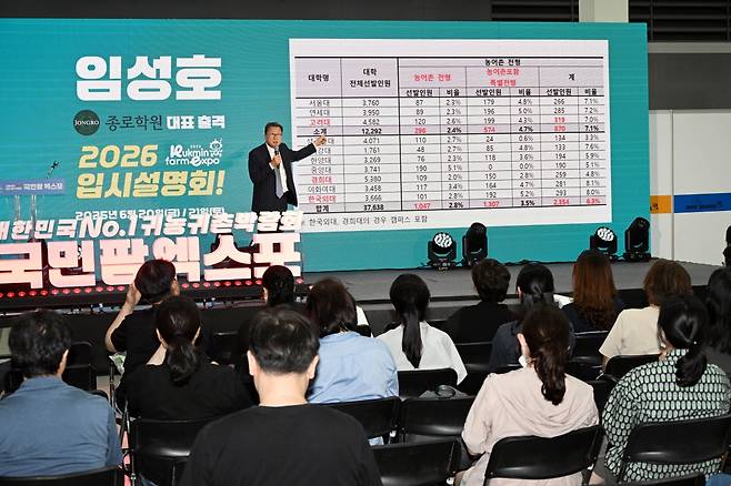 임성호 종로학원 대표가 20일 ‘2025 국민팜엑스포’에서 입시 특강을 하고 있다. 이병주 기자