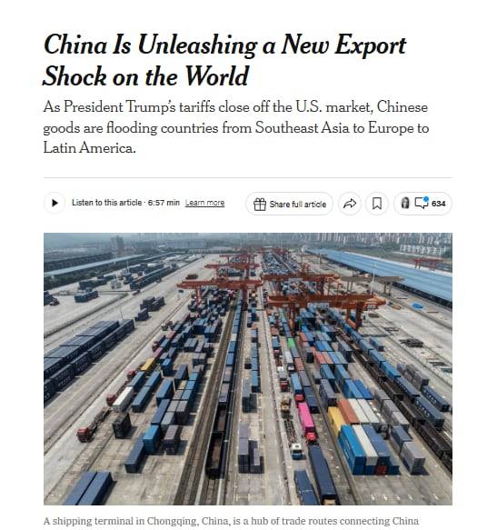 뉴욕타임스는 6월17일 "고관세로 미국 수출이 막힌 중국이 동남아시아와 유럽, 라틴아메리카에 상품을 쏟아내면서 전세계가 중국발 수출 충격에 휩싸였다"고 보도했다. /NYT 캡처