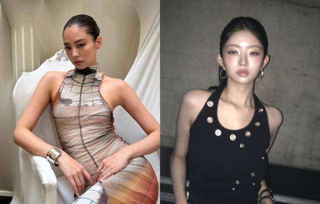 그룹 블랙핑크 제니(왼쪽)과 아이브 레이는 최근 이마를 시원하게 드러낸 슬릭백 헤어 스타일을 선보였다. 제니 레이 SNS