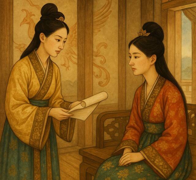 덕만공주가 언니 천명공주와 권력과 사랑에 대해 이야기하는 장면. 인공지능 AI가 그렸다.