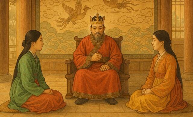 인공지능 AI가 그린 진평왕이 천명과 덕만공주에게 여성으로서 왕위에 오를 수 있는 조건을 설명하고 있는 장면.