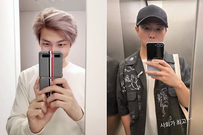 RM은 지난 2020년 출시된 '갤럭시Z플립 톰브라운 에디션'을 사용하는 모습을 보인 이후, 그간 꾸준히 갤럭시Z플립 시리즈를 사용하는 모습을 보였다. (RM SNS·X 갈무리)/뉴스1