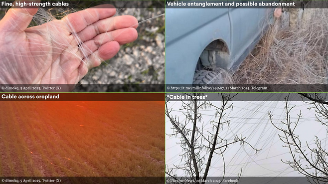 우크라이나 최전선에 남은 광섬유 드론 흔적들. 광섬유 케이블은 목표물 타격 후에야 끊어져 떨어지는데 전쟁터가 거대한 거미줄로 뒤덮인 듯 보이는 영상이 공개되자 환경오염 등 2차 피해 우려도 제기되고 있습니다. (출처 : 소셜미디어 X)