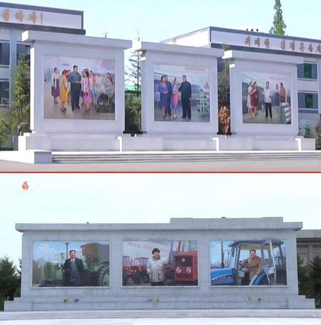 북한 조선중앙TV는 지난 21일 오후 보도시간에 김일성·김정은·김정일의 모습을 형상한 모자이크 벽화가 김정숙평양제사공장에 설치된 영상을 내보냈다. 벽화를 보면 김정은 국무위원장의 벽화가 김일성 주석과 김정일 국방위원장 사이에 설치된 모습이 눈길을 끈다. 아래 사진은 지난 2023년 9월 조선중앙TV가 보도한 금성트랙터공장 내 벽화로 해당 벽화는 김일성·김정일·김정은 순으로 설치됐다. 연합뉴스(조선중앙TV 화면)