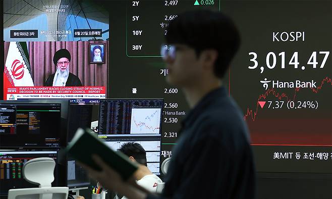 중동 정세 불안으로 주가가 하락하고 환율이 급등한 23일 서울 중구 하나은행 본점 딜링룸 전광판에 미국의 대이란 공습을 다룬 뉴스가 표출되고 있다. 이날 코스피 지수는 전 거래일 대비 7.37p(0.24%) 내린 3014.47, 코스닥 지수는 6.74p(0.85%) 내린 784.79로 장을 마쳤다. 뉴스1