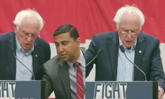 연설 중 미국의 이란 공습 소식을 알고 놀란 버니 샌더스 의원. 영상 캡처