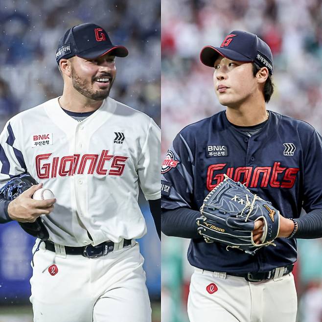 롯데의 알렉 감보아(왼쪽)와 이민석. /사진=롯데 자이언츠 제공