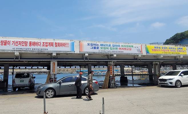 울릉도 저동항 어판장에 내 걸린 현수막. /김두한 기자
