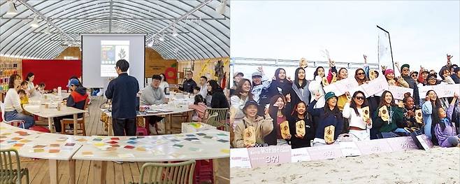 경북 의성 빅토리팜에서 어린이들이 지역 농촌 콘텐츠를 활용해 체험을 하고 있다(왼쪽 사진). 샤카서프가 지난해 경북 영덕군 부흥해변에서 연 국제 여성 롱보드 서핑대회에서 수상자들이 기념 촬영하고 있다(오른쪽 사진). /빅토리팜/샤카서프 제공