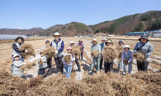올해 4월 대한항공·아시아나항공 양사 임직원과 가족들이 농가 일손 돕기 활동을 하는 모습. 대한항공 제공